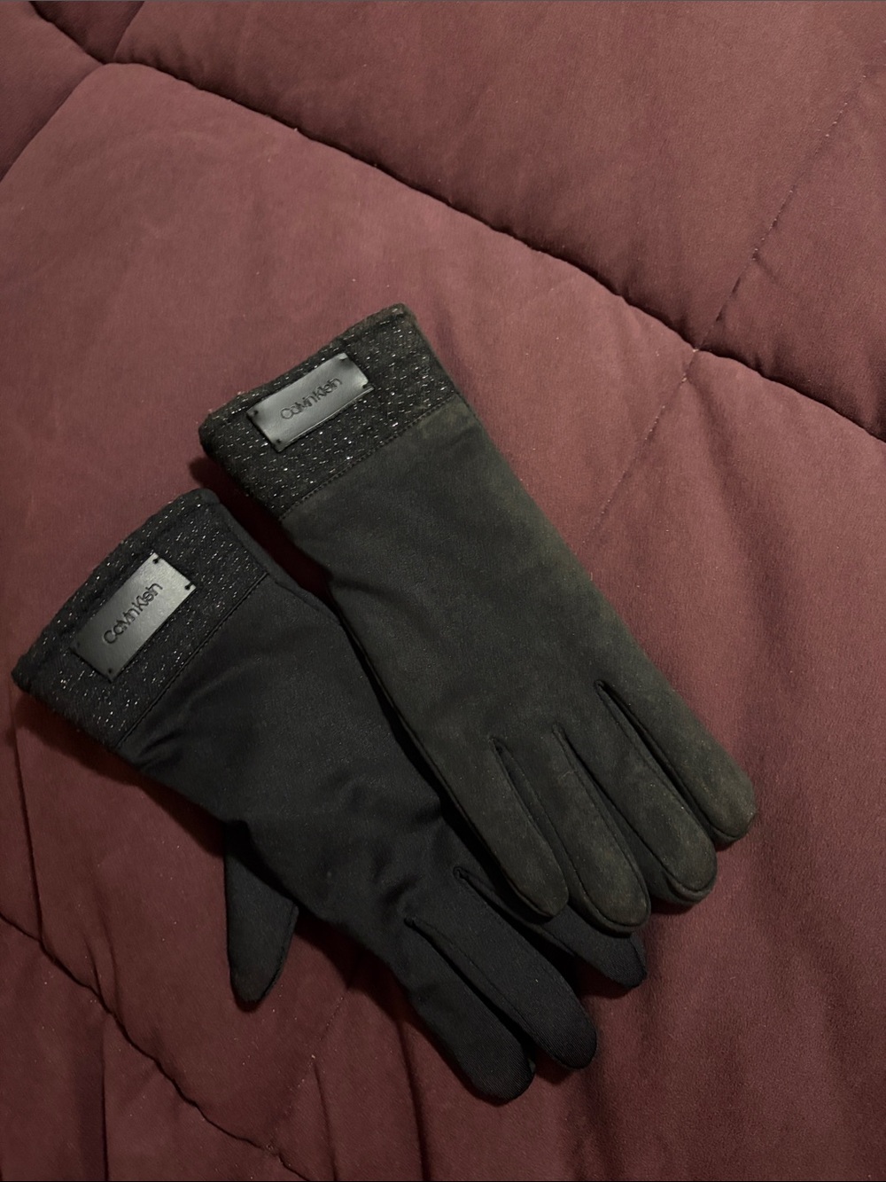 Calvin Klein Black Women's Dress Gloves with Tweed Cuff